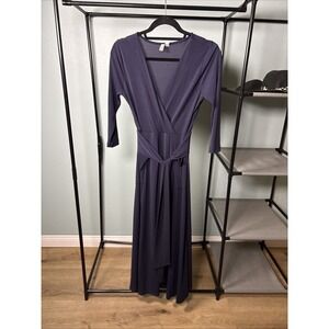 ASOS Women's Navy Blue V Neck Wrap Dress 3/4 Sleeve Size 6 Midi Stretch